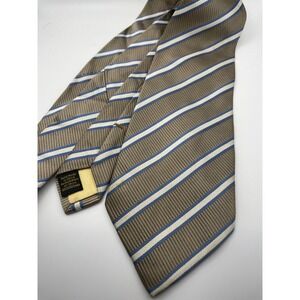 Saxony Collection Mens Silk Necktie Taupe Blue White Striped Hand Made Tie
